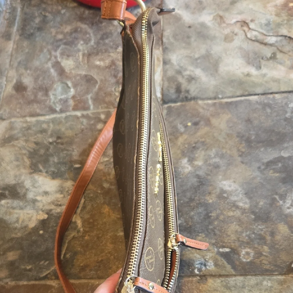 Adrienne Vittadini Brown Logo Messenger Bag